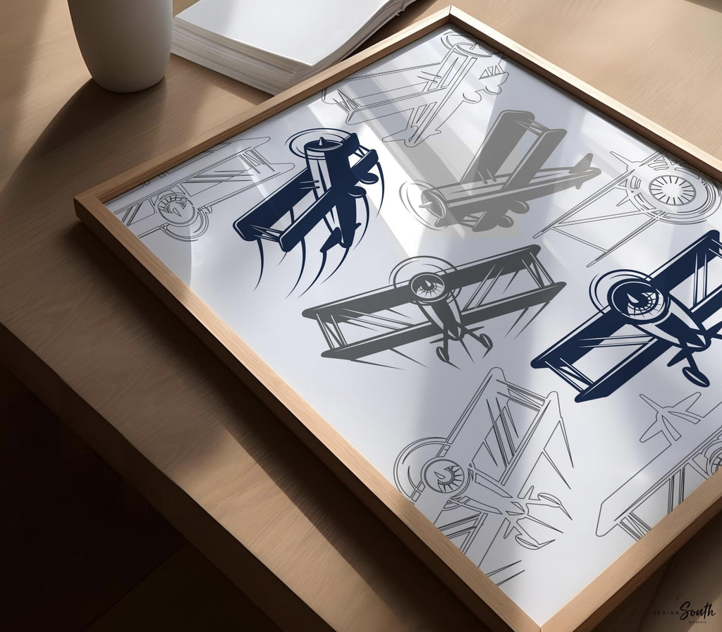 Transform your child&#39;s space with airplane-themed boys&#39; bedroom wall decor. Perfect for a flight transportation-themed room, this collection brings the wonder of aviation to life. Ideal for airplane kids&#39; rooms, nurseries, or bedrooms, these prints capture the spirit of adventure and the thrill of flight. A thoughtful pilot-themed newborn gift, this artwork inspires imagination and dreams of soaring through the skies. Elevate any space with this charming aviation-inspired decor.