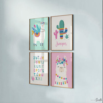 Llama nursery set of 4, alpaca aztec llama baby gift, mint pink llama girl bedroom wall art print, llama cactus decor, llama baby pictures