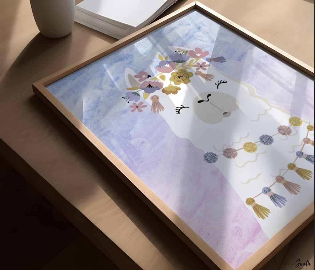 Llama themed girls nursery room wall art, llama baby girl gift, llama baby name gift, purple nursery baby room decor, desert girl bedroom