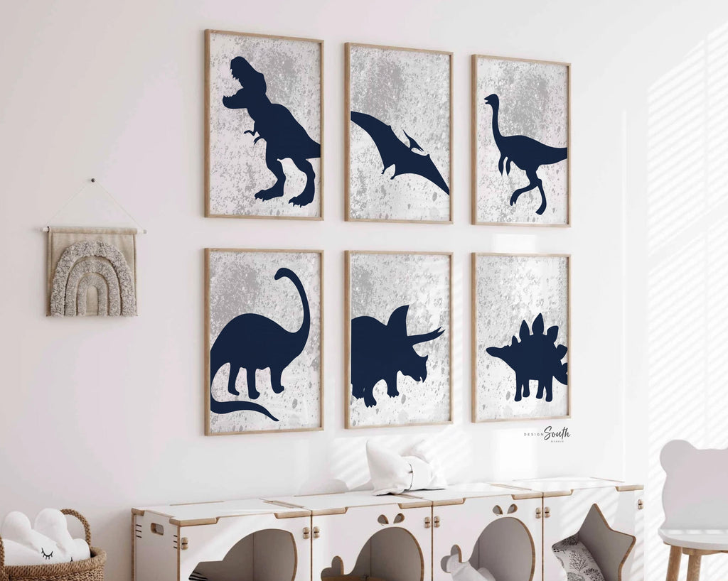 Navy blue dinosaurs, navy blue and gray boys room art, toddler boy bedroom navy blue dinosaurs, collection of 6 dinosaur art prints posters