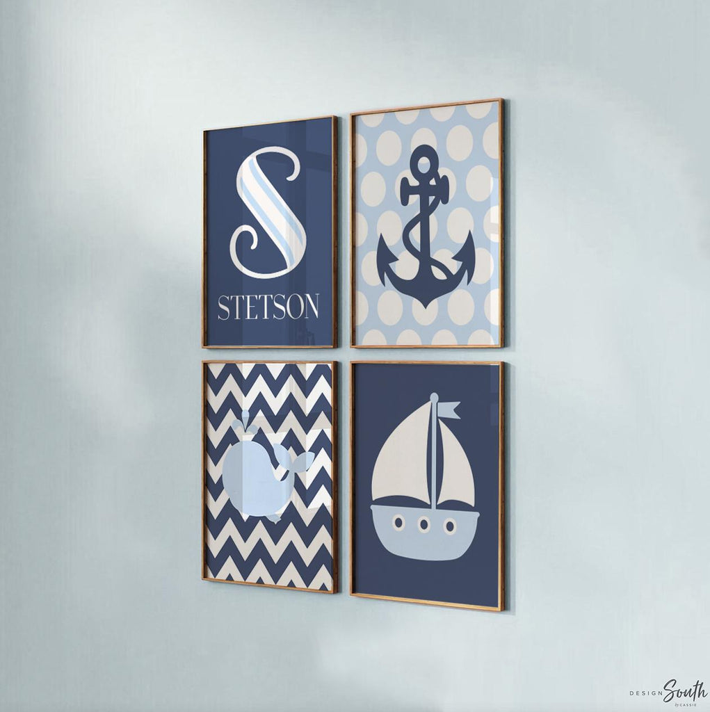 Baby boy nautical nursery, personalized art for boy, anchor navy blue nautical nursery, initial and name print, boys nautical art navy blue