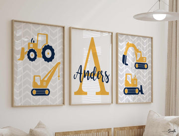 Navy blue yellow and gray construction room, big boy construction bedroom, construction theme gift for boy personalized name, boys playroom