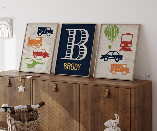 Transportation nursery decor, navy, red, green, orange, name print, transportation prints, helicopter, transportation nursery, train, trucks