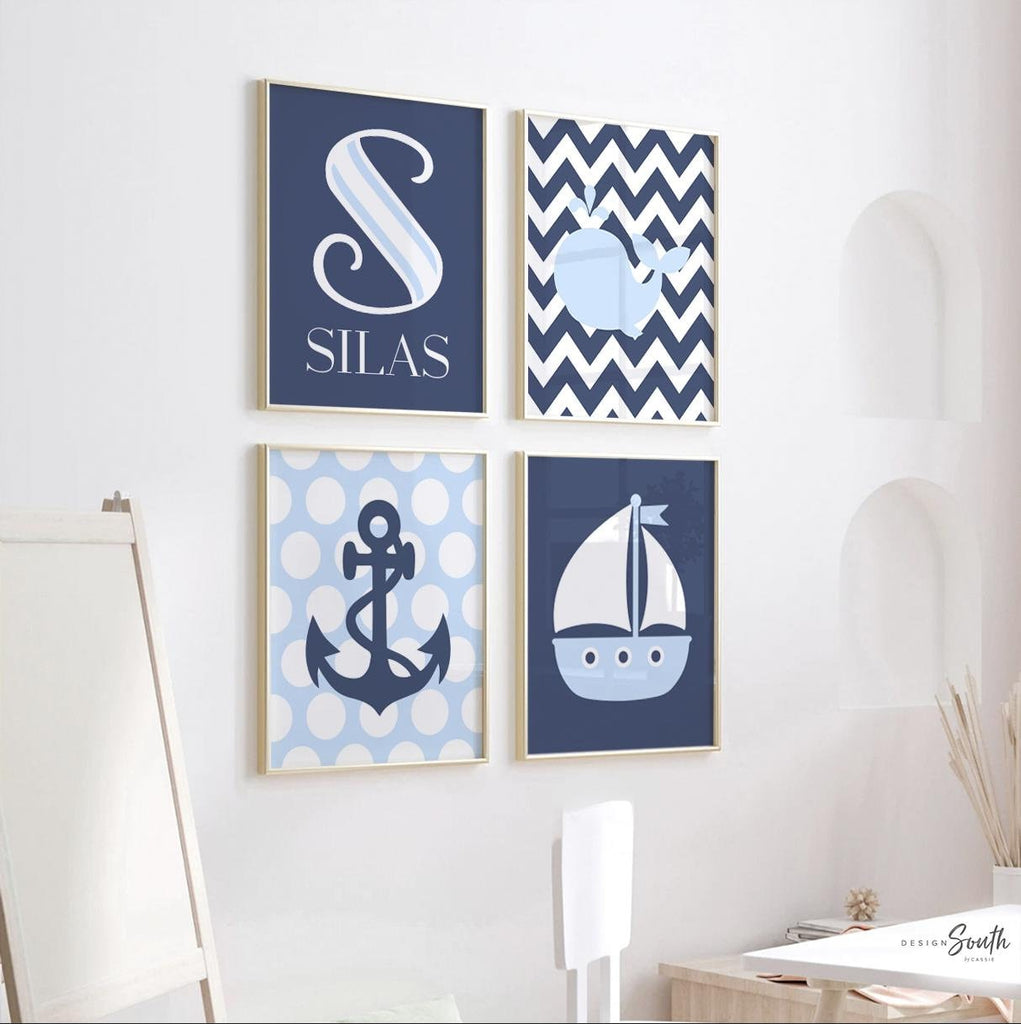 Baby boy nautical nursery, personalized art for boy, anchor navy blue nautical nursery, initial and name print, boys nautical art navy blue