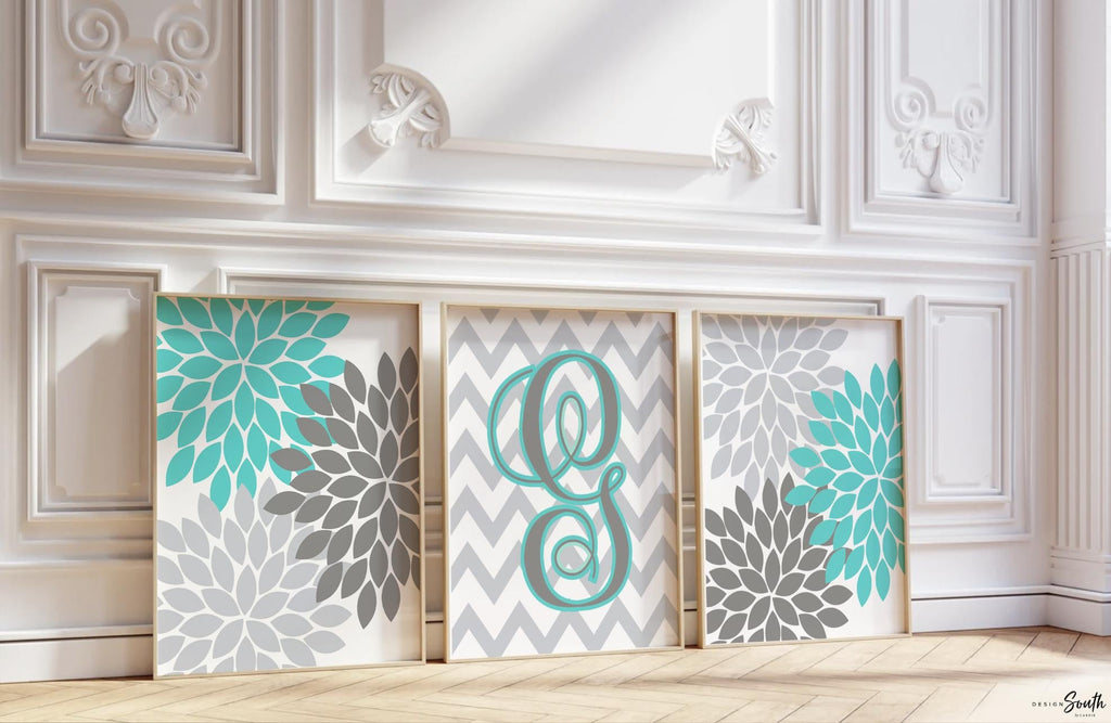 Baby girl nursery teal and gray, wall art for girls initial print, girls bedroom wall decor, teal flower wall art, flower burst baby prints
