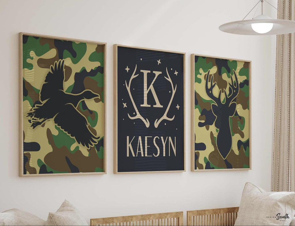 Camouflage boys room, custom deer name gift, boys duck deer bass fish, ducks eight point bucks, duck hunter deer hunter, camouflage wall art