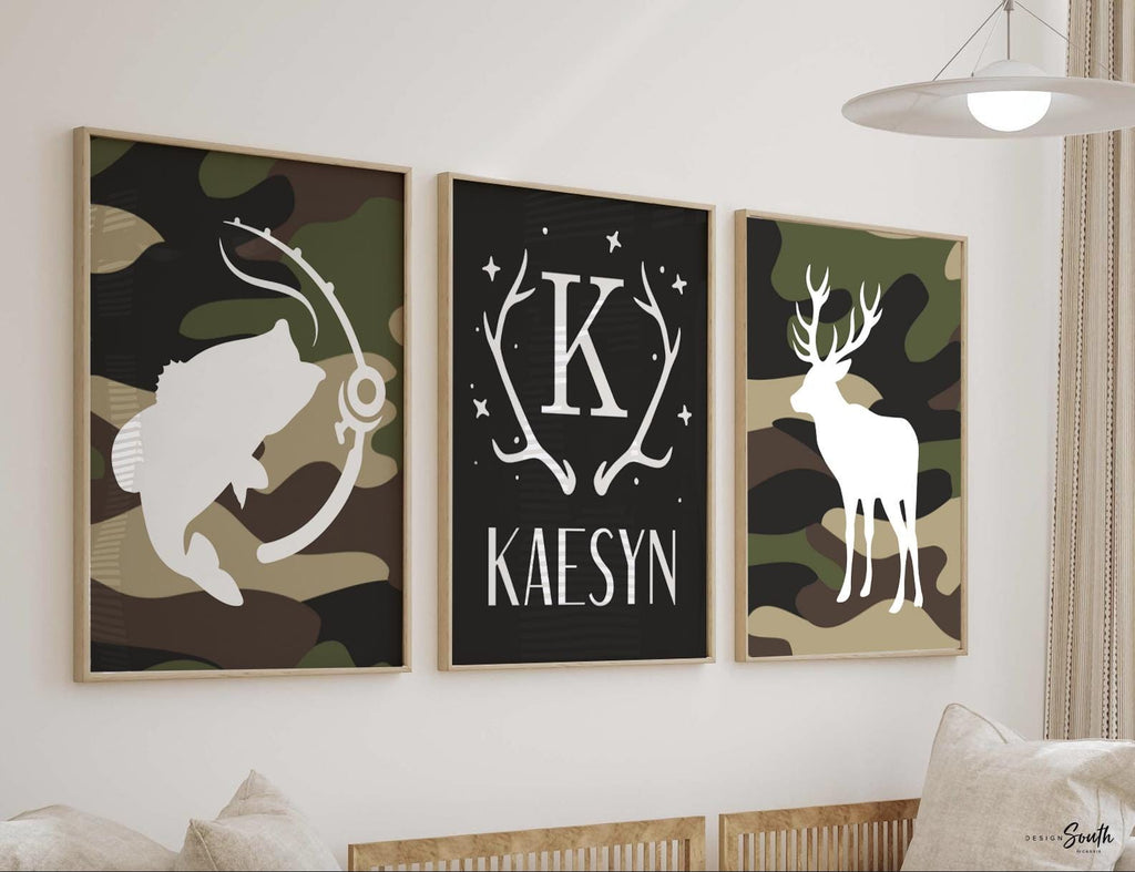 Deer nursery decor, boys bass fish nursery decor, deer arrows hunter theme, deer nursery eight point buck, camouflage kids room name sign