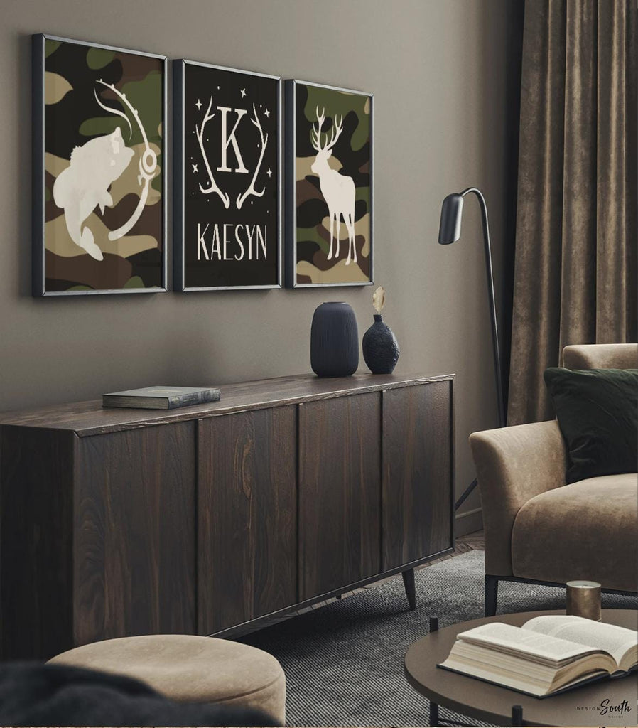 Deer nursery decor, boys bass fish nursery decor, deer arrows hunter theme, deer nursery eight point buck, camouflage kids room name sign