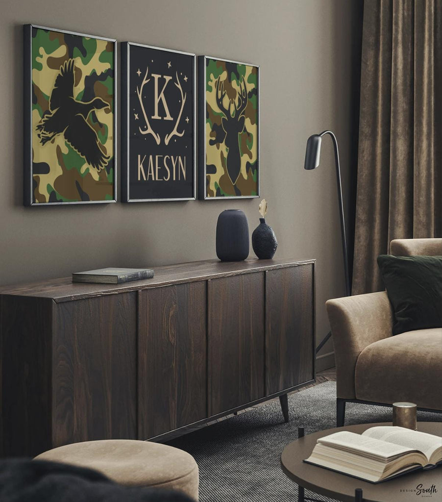 Camouflage boys room, custom deer name gift, boys duck deer bass fish, ducks eight point bucks, duck hunter deer hunter, camouflage wall art