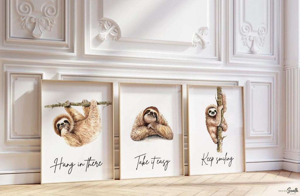 Sloth wall art, set of 3 sloths, sloth quotes art prints, sloth themed room, child sloth wall art, sloth bedroom decor, hanging sloth decor