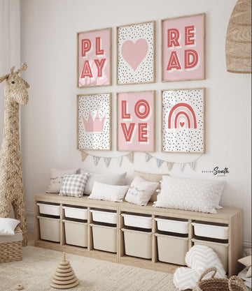 Girl reading wall art love books, pink bedroom art baby, little girl wall art hearts rainbows, sisters sibling playroom decor, pink playroom