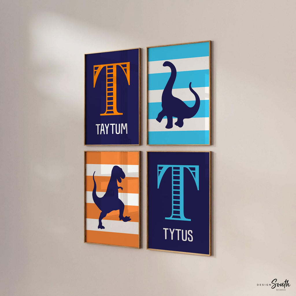 Brothers dinosaur bedroom wall art, orange blue navy dinosaur toddler kids room, boys shared bedroom wall art, decor brothers room art ideas