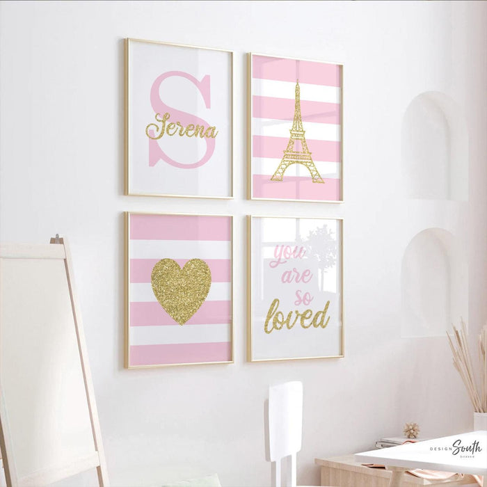 Pink paris girl prints, pink gold paris room art, pink gold eiffel tower, girl's personalized name sparkly paris themed, art print set paris