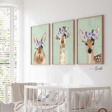 Mint and purple nursery, girls woodland animals nursery decor, baby girl woodland gift, mint and lilac girls room decor, girls room wall