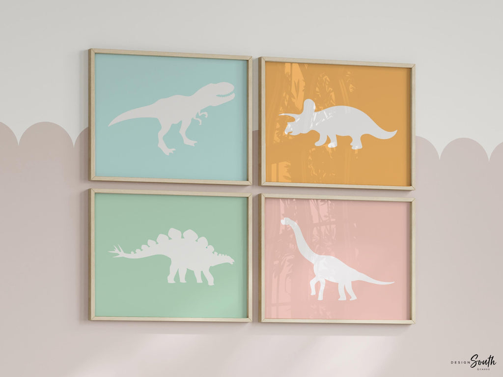 Girls pastel pink dinosaur art, soft sweet girl dinosaur room, girl dinosaur pink blush orange mint green, modern girl pink dinosaur art set