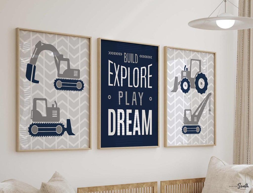 Boys room construction navy blue and gray, build explore play dream, construction equipment vehicles, boys bedroom decor, wall art for boys