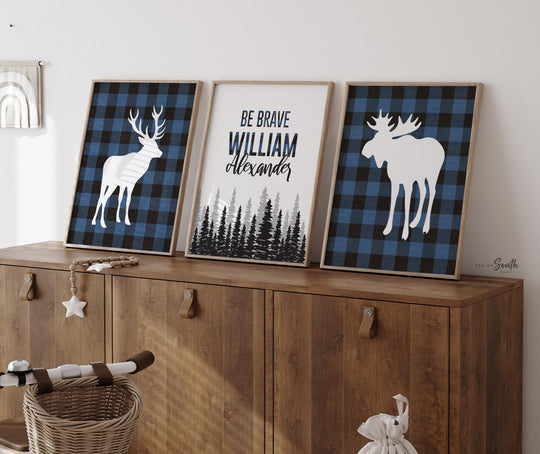 Lumberjack nursery wall art deer moose, buffalo plaid baby boy lumberjack nursery art, buffalo check baby gift, moose deer boys room decor