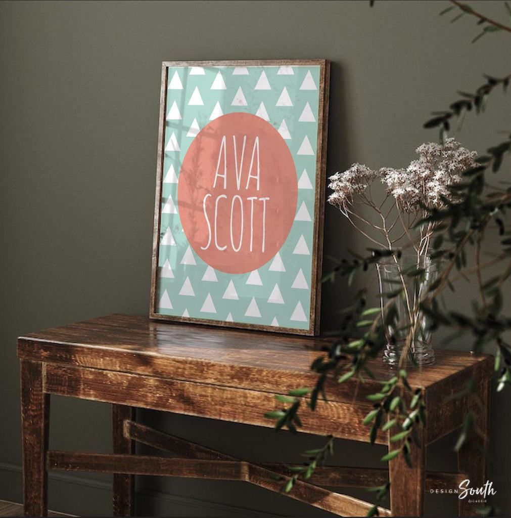 Girls nursery decor, personalized name print, girls decor, name decor, mint and coral, playroom print, girls bathroom print, coral and mint