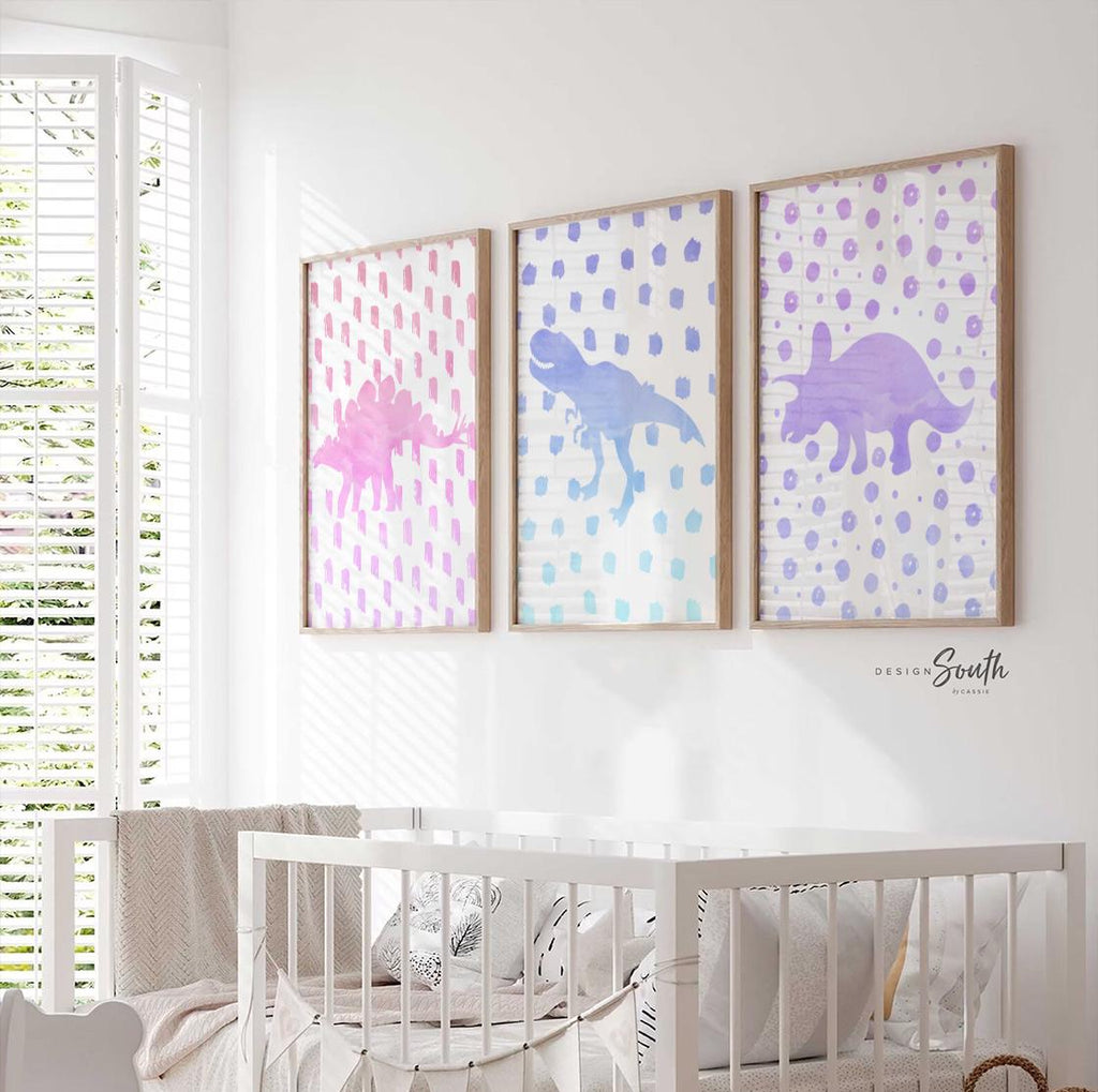 Girl dinosaur art, dinosaur prints for girls, trendy pattern pink girl dinosaurs, art prints dinosaur girl theme, girl room decor modern art