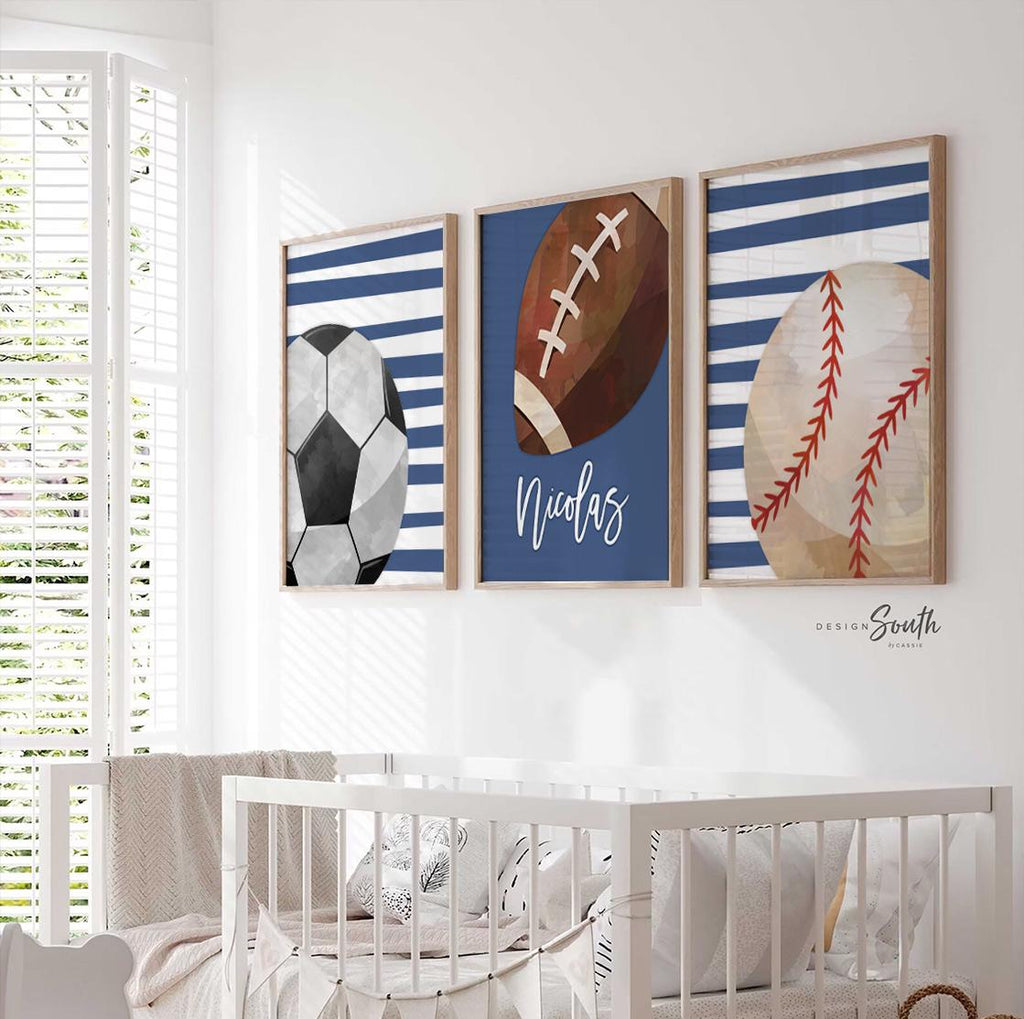 Boys room sports art, wall art print set of 3 sports themed for boys bedroom, sports monogram name initial decor, sports gift for boy room