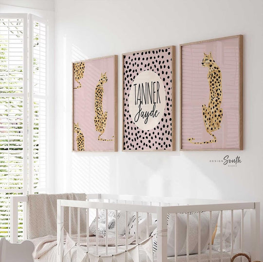 Baby cheetah print pink, dot speckle pattern nursery, modern nursery ideas girl, safari baby animal nursery pink girl, printed cheetah art