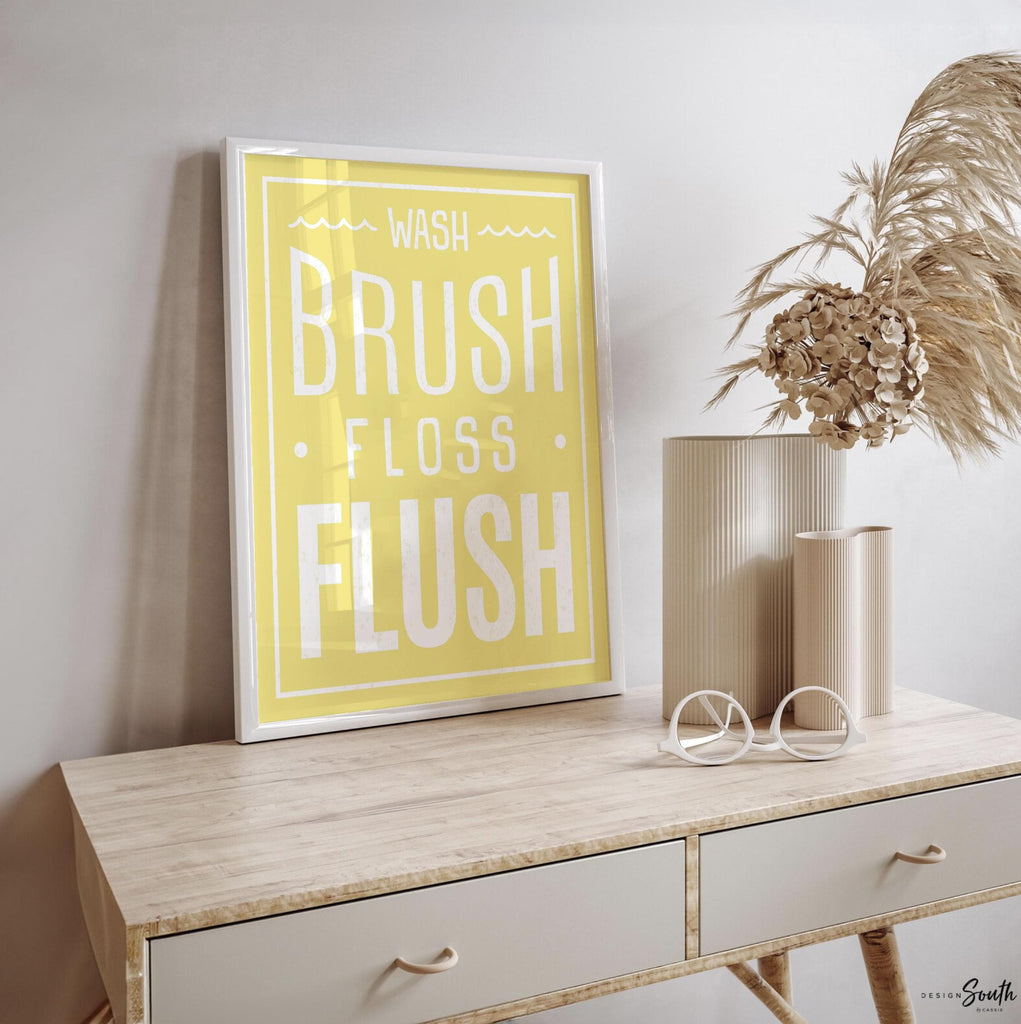 Wash, brush, floss, flush, bathroom print in yellow, bathroom print for children, yellow bathroom print for boys or girls, white yellow kids