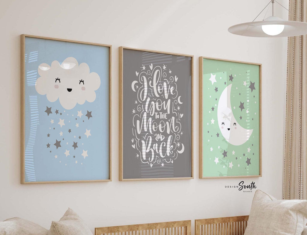 Moon and stars nursery, baby boy nursery art, star nursery, moon nursery, baby boy star decor, baby blue and mint art, boys mint nursery art