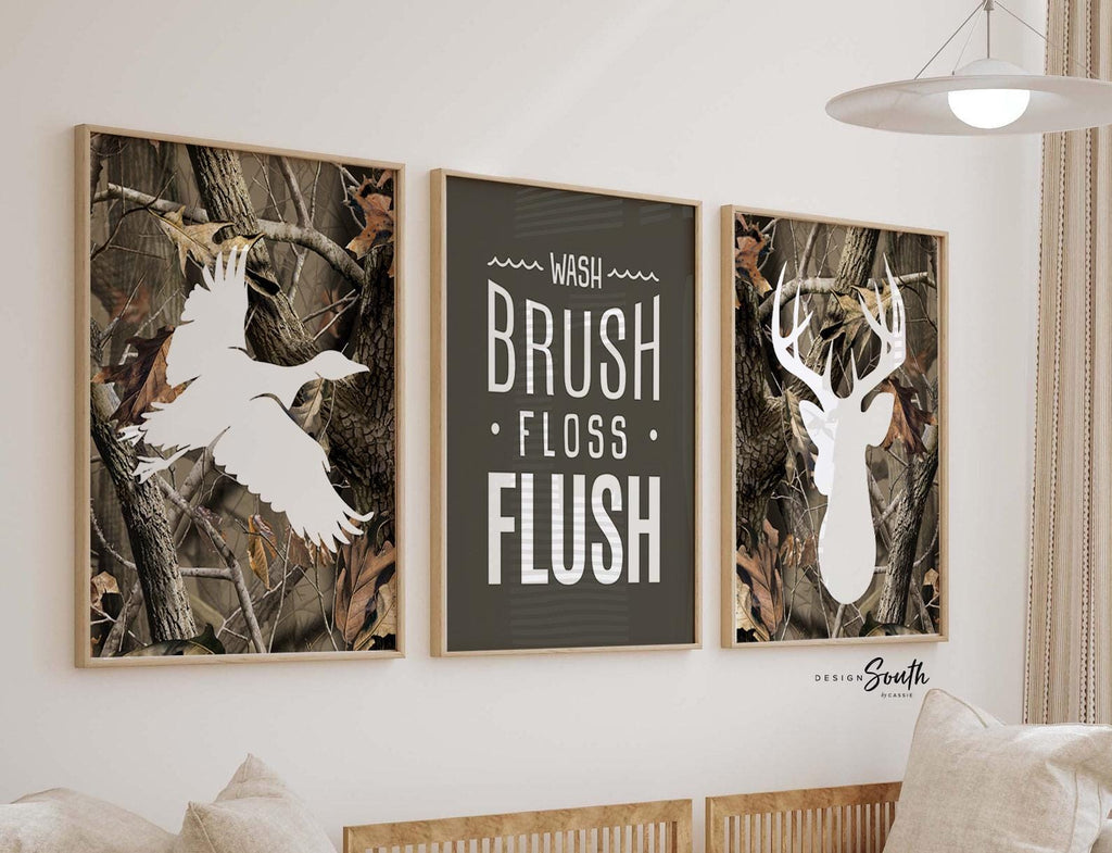 Camo bathroom decor, boys duck and deer, deer bathroom decor, wash, brush, floss, flush, camouflage, deer bathroom theme, hunting bathroom