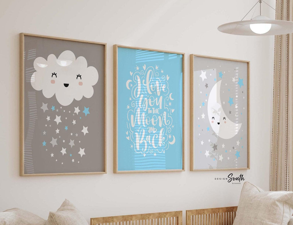 Moon and star nursery for boys, i love you to the moon, baby blue and gray boys nursery, moon wall art, star wall art, nursery cloud decor