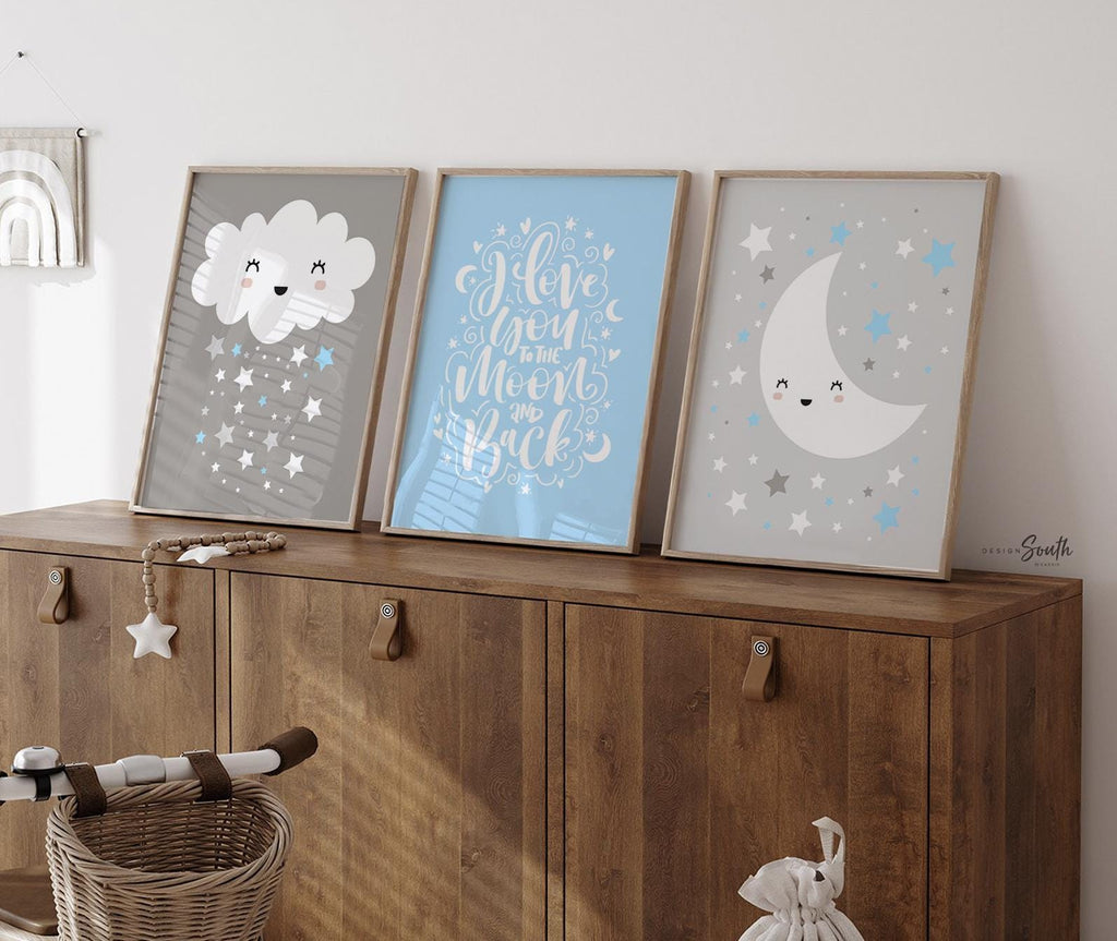 Moon and star nursery for boys, i love you to the moon, baby blue and gray boys nursery, moon wall art, star wall art, nursery cloud decor