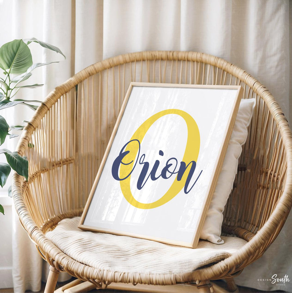 Boys navy blue and yellow nursery, yellow moon and stars, boys nursery moon star clouds theme art, boys name print, nursery monogram for boy