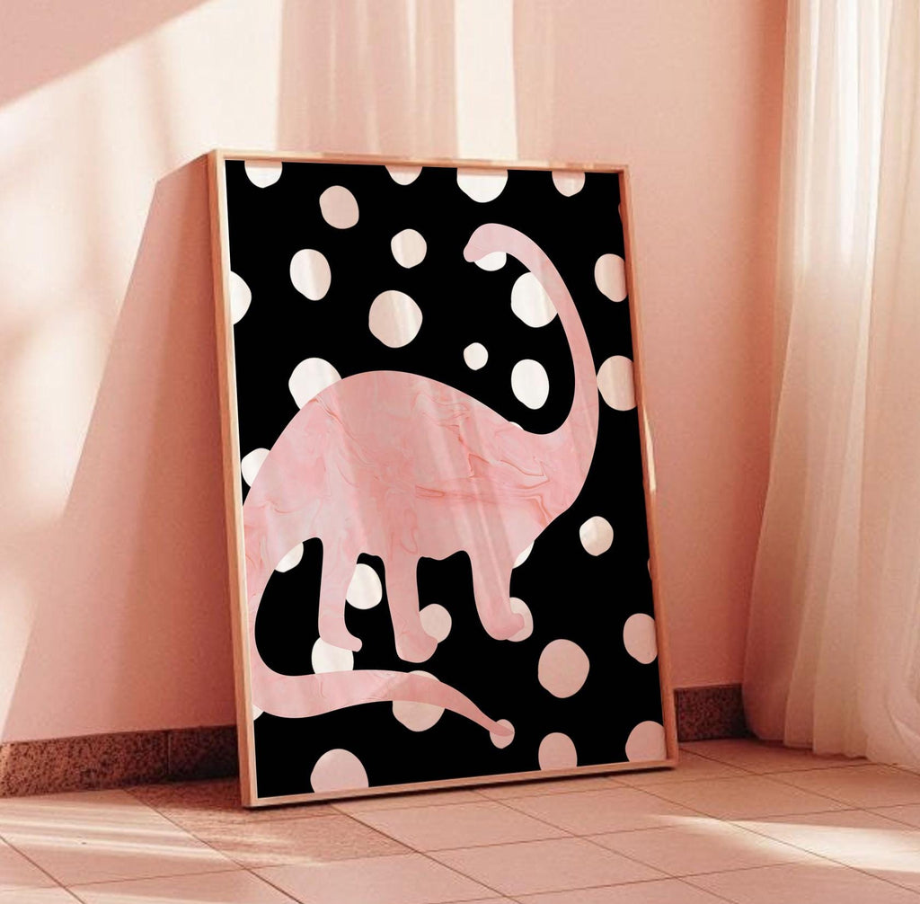Modern trendy girl dinosaur art, pink black spotty dinosaur art, dinosaur nursery girl wall art, pink black dinosaur prints, dinosaur girl
