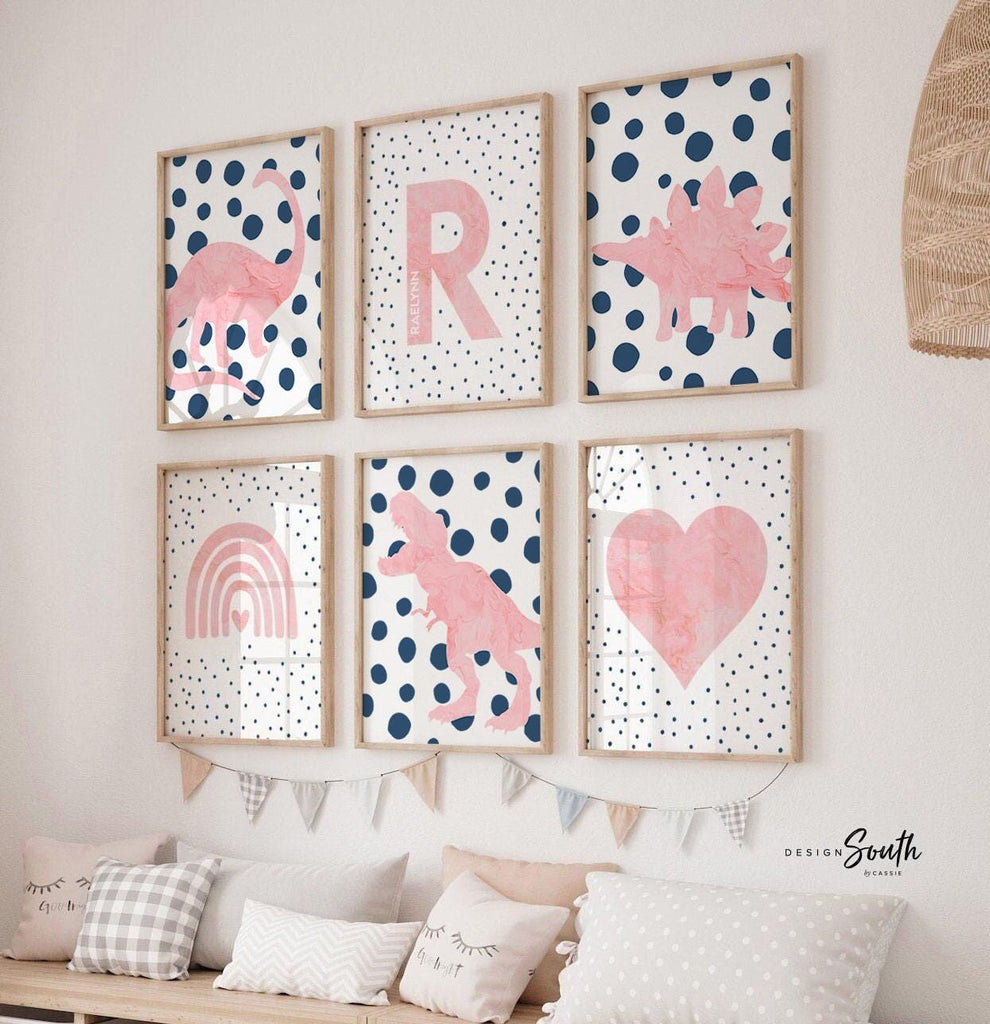 Pink dinosaur polka dots, pink and navy blue toddler girl room collection dinosaur themed, dinosaurs with hearts rainbows speckles modern
