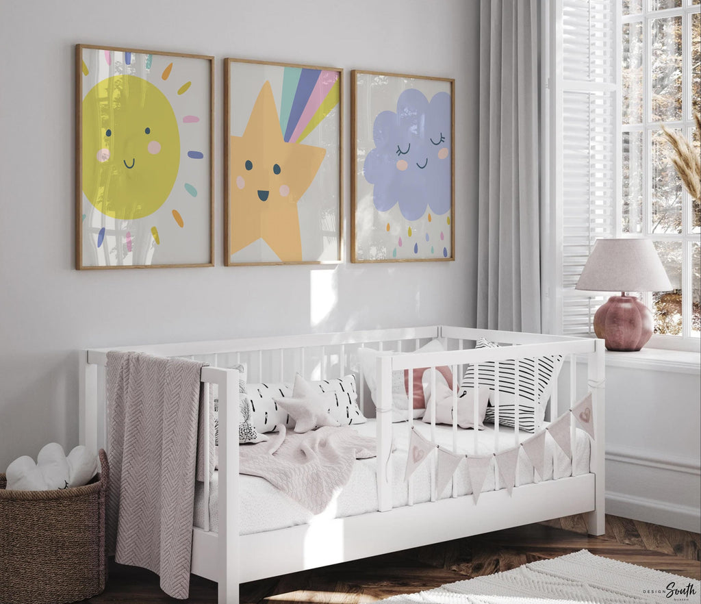 Bright pastel gender neutral nursery art, raincloud nursery art, pastel unisex nursery decor, modern trendy gender neutral nursery wall art