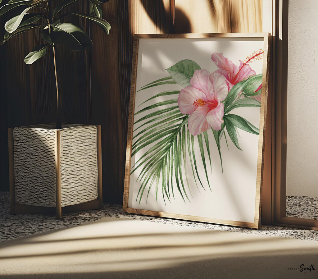 Hot pink floral nursery decor, wall art for girls room tropical hot pink, green palms and pink, little girl bedroom personalized name,