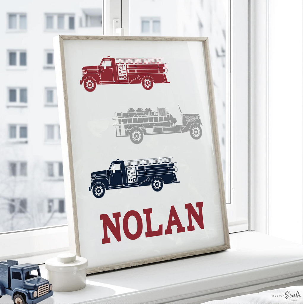 Fire truck nursery decor, firefighter nursery art, navy firetruck art, firetruck theme, boys firetruck decor, boy wall art, firefighter art