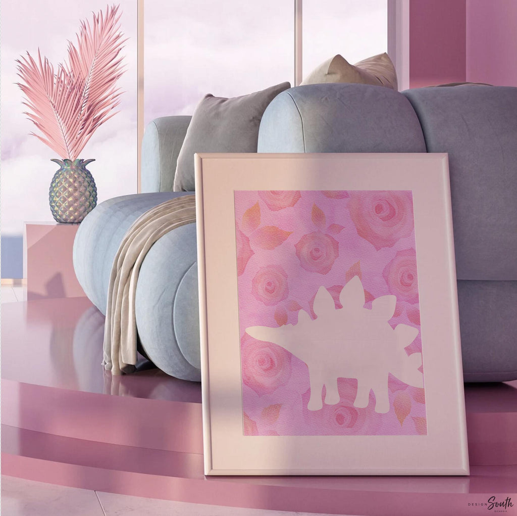 Girly floral dinosaur decor, girls room flower dinosaur art, pink yellow green blue dinosaur themed art, girl dinosaur room, girl dinosaurs