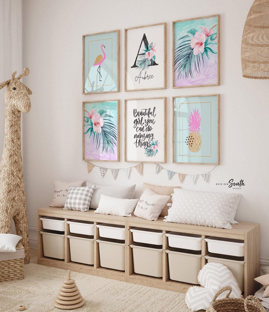 Teal pink and gold nursery, teal gold pink girls room wall art, little girl tropical decor, beautiful girl you can do amazing things quote