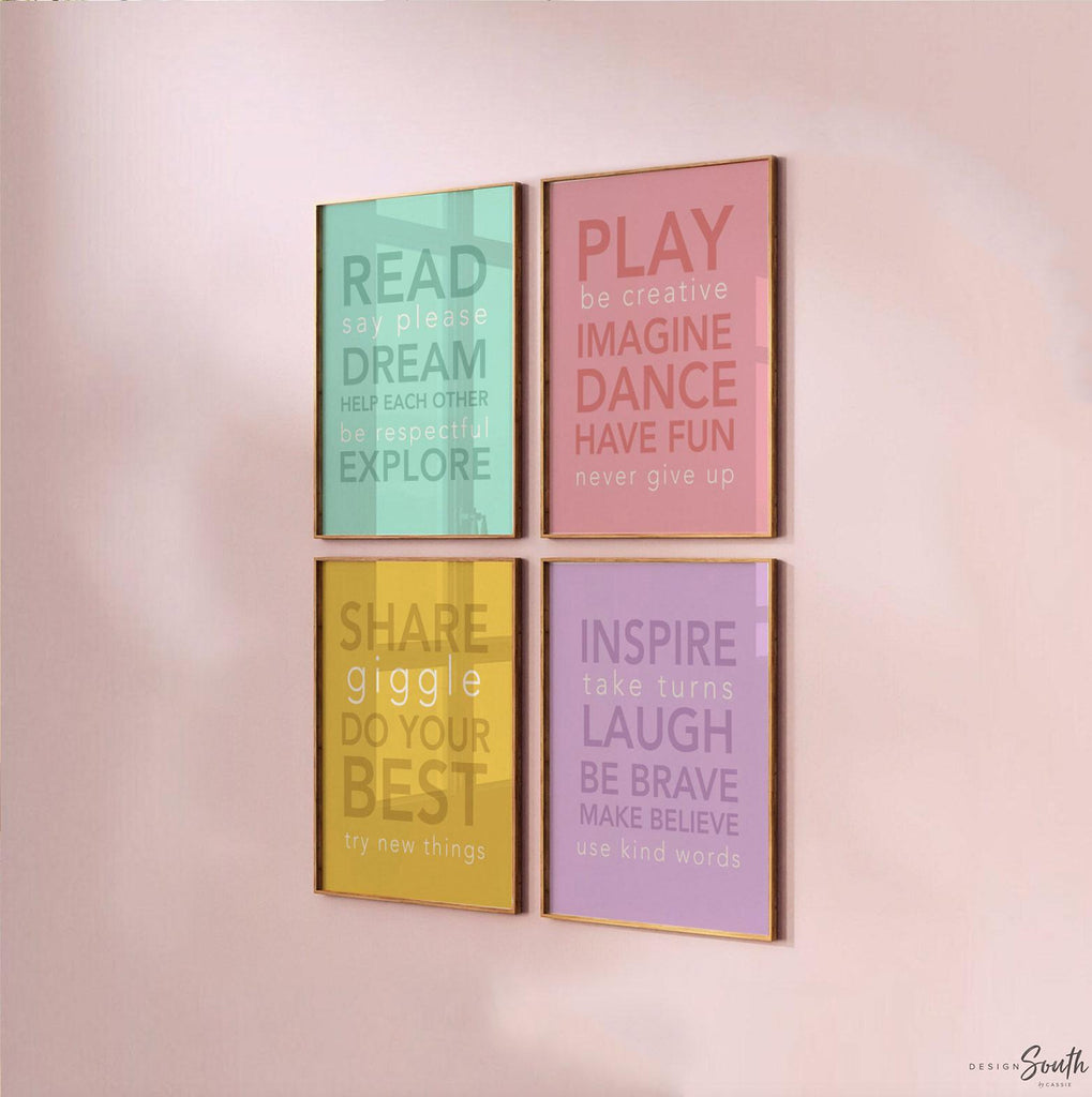 Playroom signs, cute childrens play room, playroom pop of color, toy room wall art, playroom sign set, playroom ideas, play quotes for kids