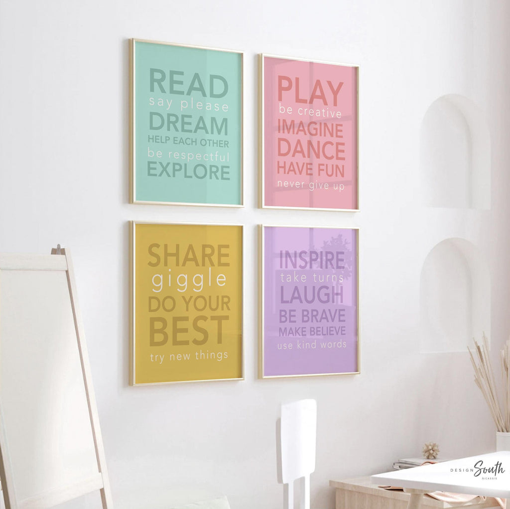 Playroom signs, cute childrens play room, playroom pop of color, toy room wall art, playroom sign set, playroom ideas, play quotes for kids