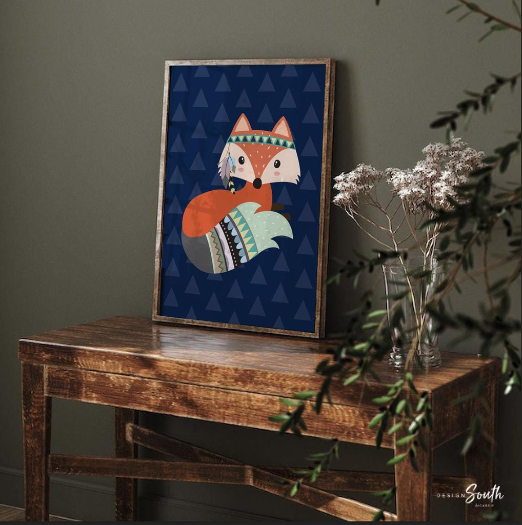 Tribal fox nursery wall art, fox nursery decor, woodland nursery art, baby boy nursery, be brave, customized name print fox monogram decor