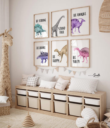 Boy/girl shared playroom wall dinosaurs, boy girl dinosaur wall art, playroom kids wall decor ideas, set of 6 inspirational wall prints kids