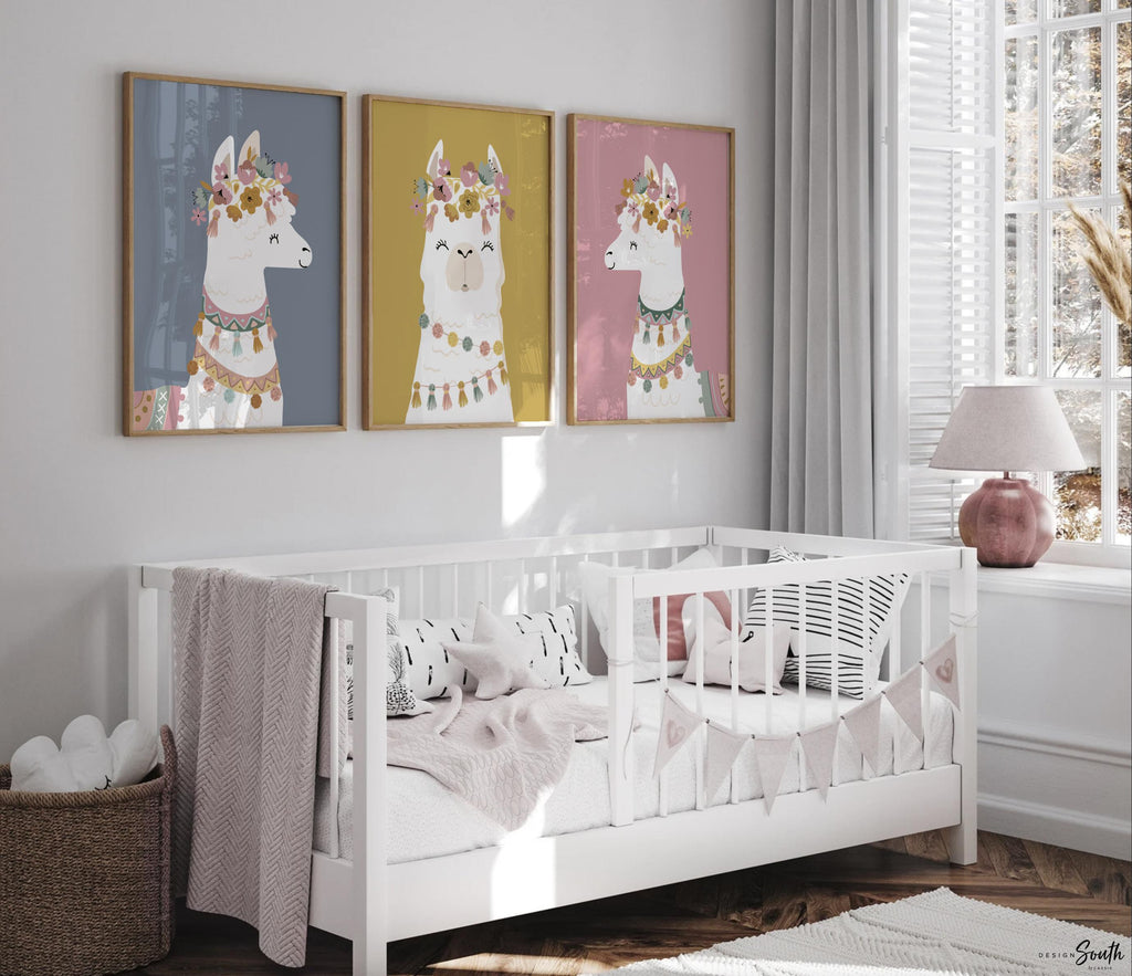 Boho baby room decor, llama alpaca themed nursery wall art, elegant neutral little girl bedroom wall art, earthy tones nursery, modern baby
