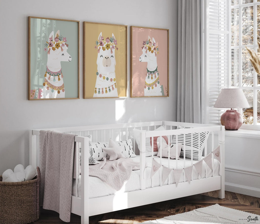 Neutral nursery soft boho colors baby room, elegant neutral girls wall art, modern boho baby decor llamas, nursery alpaca llama theme child