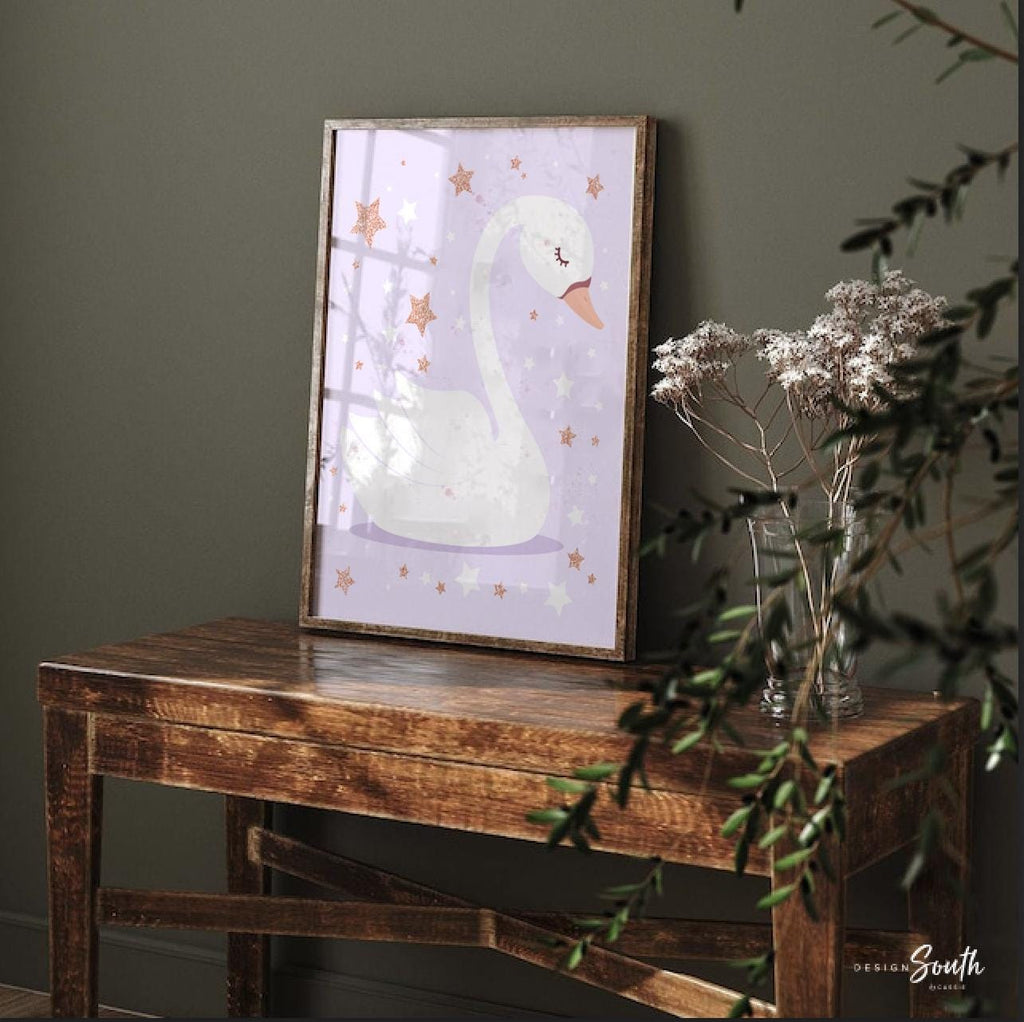 Lilac and pink sparkles nursery wall art, rose gold sparkles, pink and purple nursery, girls wall art swans, sparkle nursery art, name print