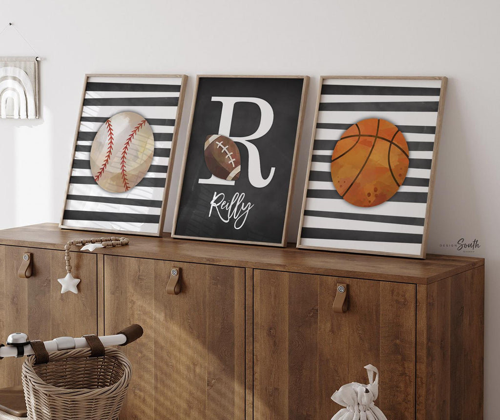 Sports wall prints for kid room, sports balls wall pictures, sports art personalized gift, basketball baseball football wall art boy nursery