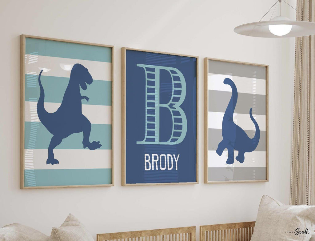 Blue gray dinosaur bedroom wall art, dinosaur decor for boy, gray dinosaur kid print set, baby boy dinosaur theme personalized nursery decor