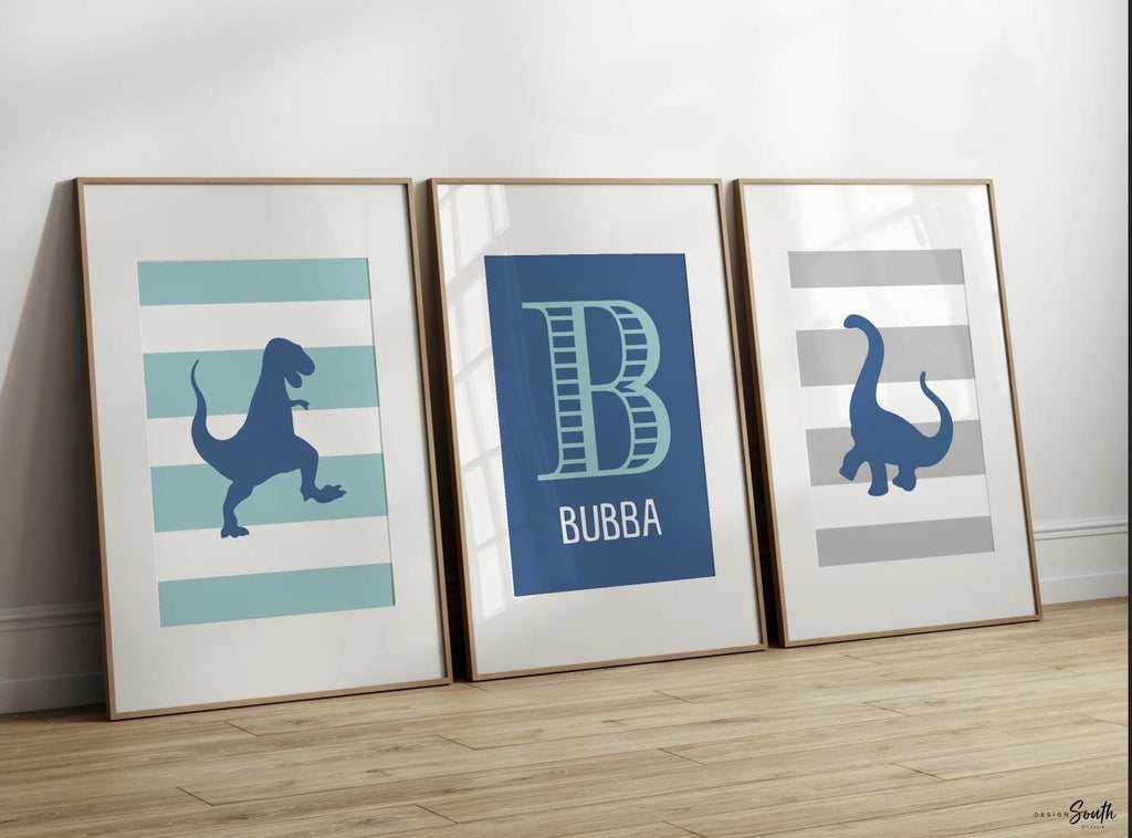 Blue gray dinosaur bedroom wall art, dinosaur decor for boy, gray dinosaur kid print set, baby boy dinosaur theme personalized nursery decor
