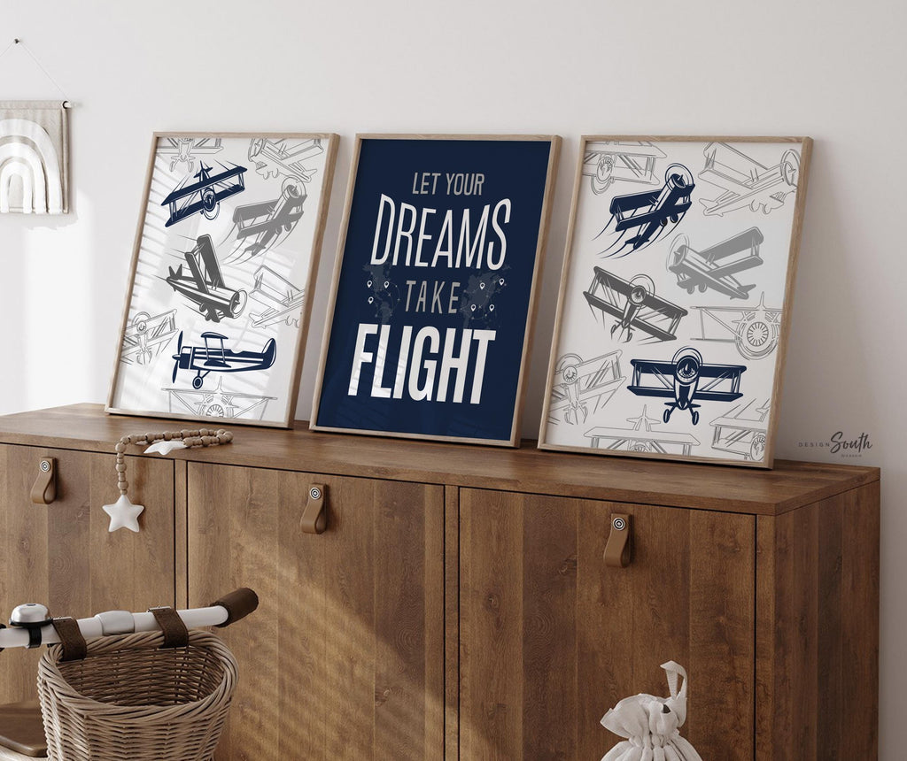 Transform your child&#39;s space with airplane-themed boys&#39; bedroom wall decor. Perfect for a flight transportation-themed room, this collection brings the wonder of aviation to life. Ideal for airplane kids&#39; rooms, nurseries, or bedrooms, these prints capture the spirit of adventure and the thrill of flight. A thoughtful pilot-themed newborn gift, this artwork inspires imagination and dreams of soaring through the skies. Elevate any space with this charming aviation-inspired decor.