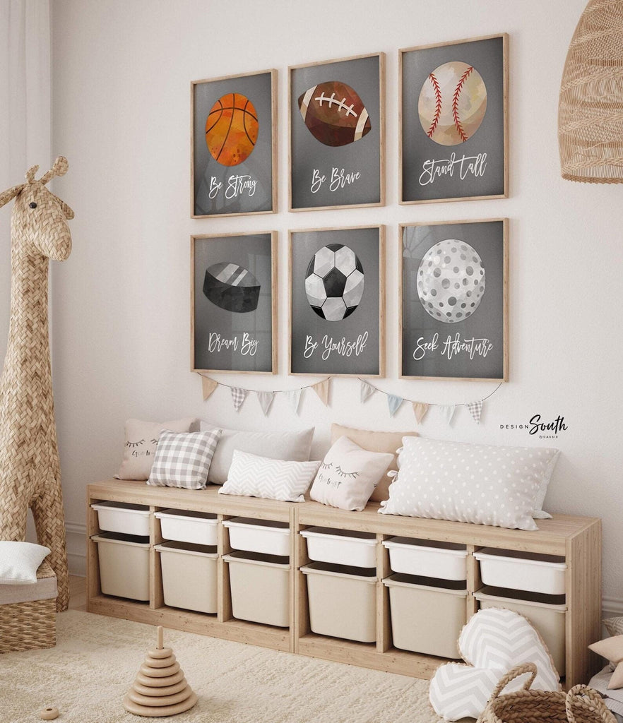 Sports kids wall art, children poster prints sports art, silver gray boy room wall art, sports room decor nursery, big kid sports decor gray